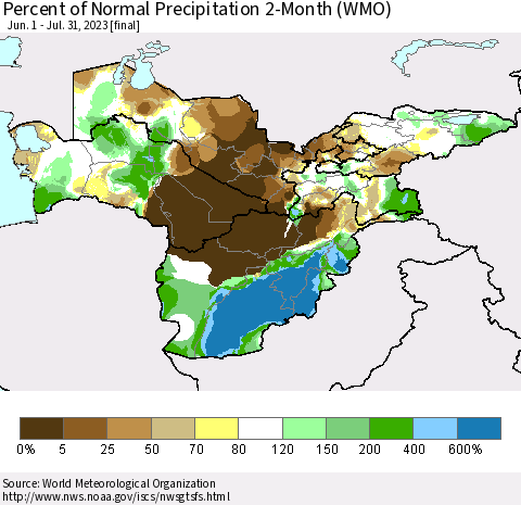 Central Asia Percent of Normal Precipitation 2-Month (WMO) Thematic Map For 6/1/2023 - 7/31/2023