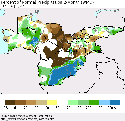 Central Asia Percent of Normal Precipitation 2-Month (WMO) Thematic Map For 6/6/2023 - 8/5/2023
