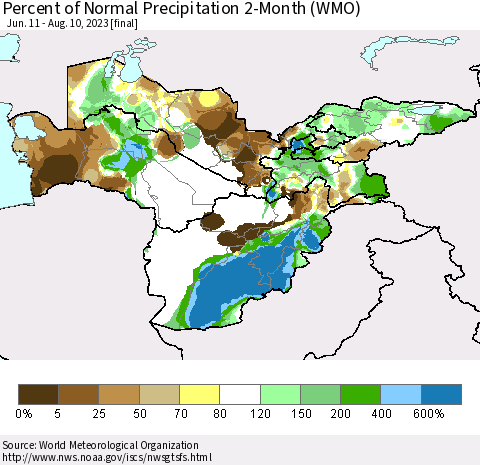 Central Asia Percent of Normal Precipitation 2-Month (WMO) Thematic Map For 6/11/2023 - 8/10/2023