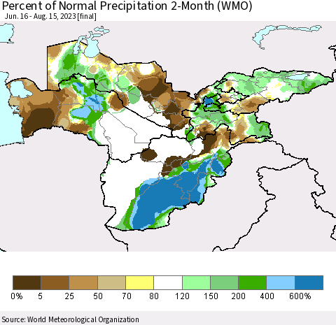 Central Asia Percent of Normal Precipitation 2-Month (WMO) Thematic Map For 6/16/2023 - 8/15/2023