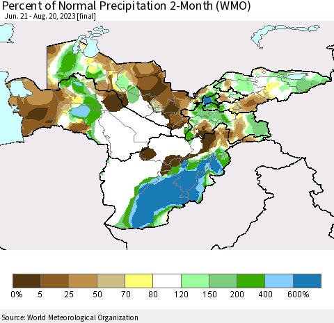 Central Asia Percent of Normal Precipitation 2-Month (WMO) Thematic Map For 6/21/2023 - 8/20/2023