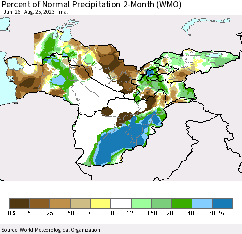 Central Asia Percent of Normal Precipitation 2-Month (WMO) Thematic Map For 6/26/2023 - 8/25/2023