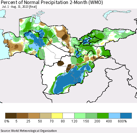 Central Asia Percent of Normal Precipitation 2-Month (WMO) Thematic Map For 7/1/2023 - 8/31/2023