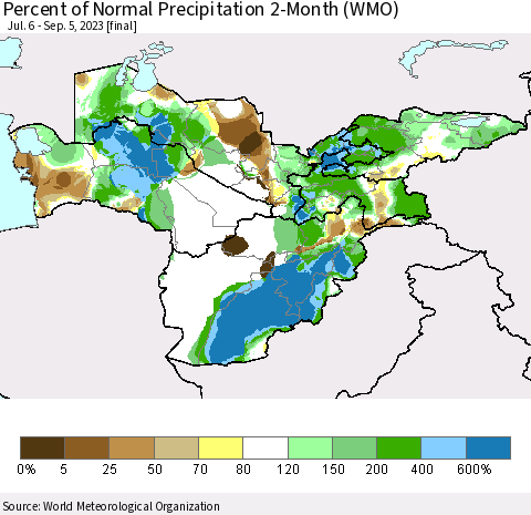 Central Asia Percent of Normal Precipitation 2-Month (WMO) Thematic Map For 7/6/2023 - 9/5/2023