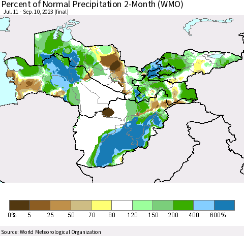 Central Asia Percent of Normal Precipitation 2-Month (WMO) Thematic Map For 7/11/2023 - 9/10/2023