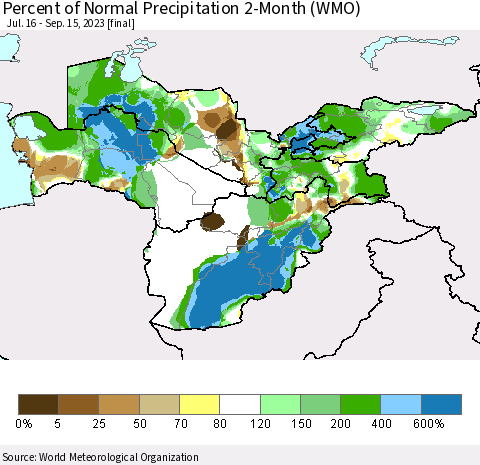Central Asia Percent of Normal Precipitation 2-Month (WMO) Thematic Map For 7/16/2023 - 9/15/2023
