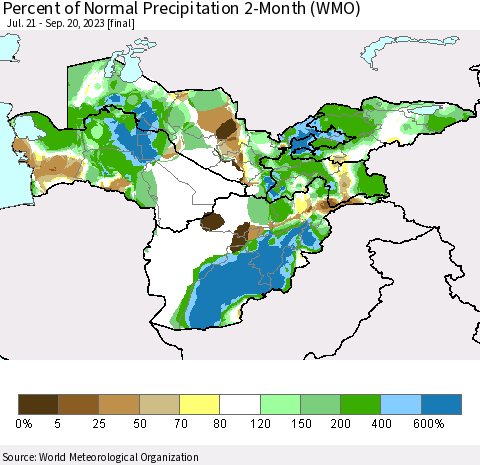 Central Asia Percent of Normal Precipitation 2-Month (WMO) Thematic Map For 7/21/2023 - 9/20/2023