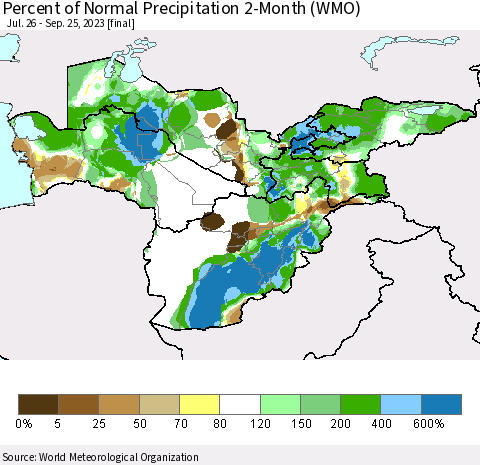Central Asia Percent of Normal Precipitation 2-Month (WMO) Thematic Map For 7/26/2023 - 9/25/2023