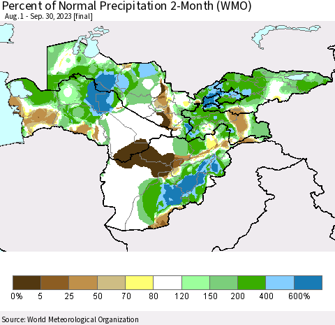 Central Asia Percent of Normal Precipitation 2-Month (WMO) Thematic Map For 8/1/2023 - 9/30/2023
