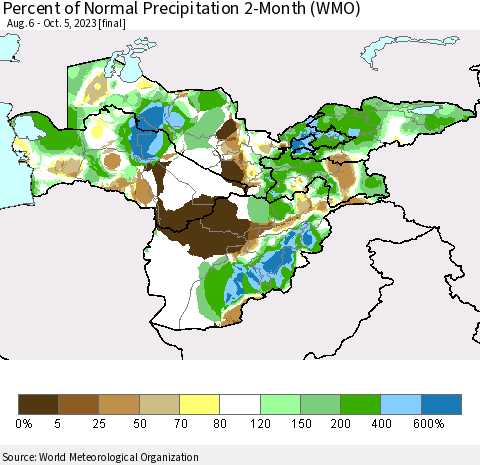 Central Asia Percent of Normal Precipitation 2-Month (WMO) Thematic Map For 8/6/2023 - 10/5/2023