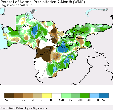 Central Asia Percent of Normal Precipitation 2-Month (WMO) Thematic Map For 8/11/2023 - 10/10/2023