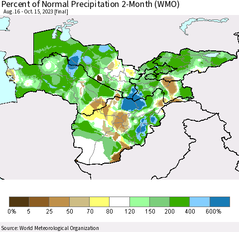 Central Asia Percent of Normal Precipitation 2-Month (WMO) Thematic Map For 8/16/2023 - 10/15/2023