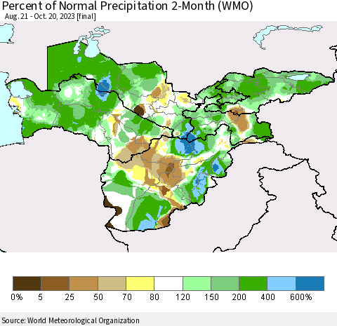 Central Asia Percent of Normal Precipitation 2-Month (WMO) Thematic Map For 8/21/2023 - 10/20/2023