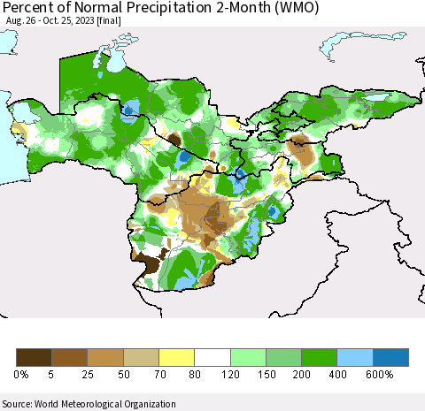Central Asia Percent of Normal Precipitation 2-Month (WMO) Thematic Map For 8/26/2023 - 10/25/2023