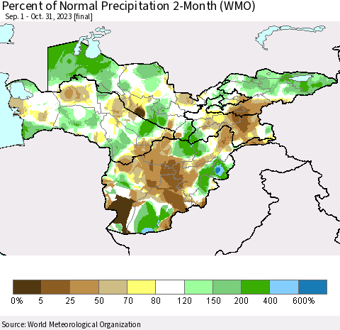 Central Asia Percent of Normal Precipitation 2-Month (WMO) Thematic Map For 9/1/2023 - 10/31/2023