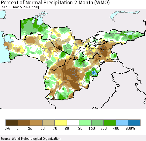 Central Asia Percent of Normal Precipitation 2-Month (WMO) Thematic Map For 9/6/2023 - 11/5/2023