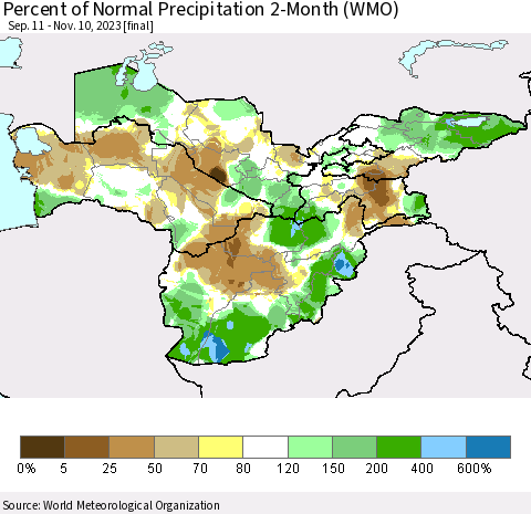 Central Asia Percent of Normal Precipitation 2-Month (WMO) Thematic Map For 9/11/2023 - 11/10/2023