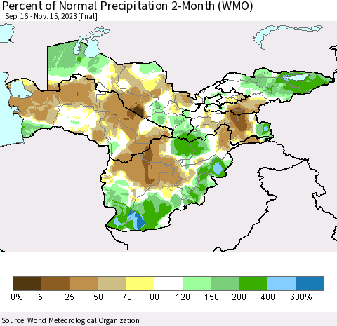 Central Asia Percent of Normal Precipitation 2-Month (WMO) Thematic Map For 9/16/2023 - 11/15/2023