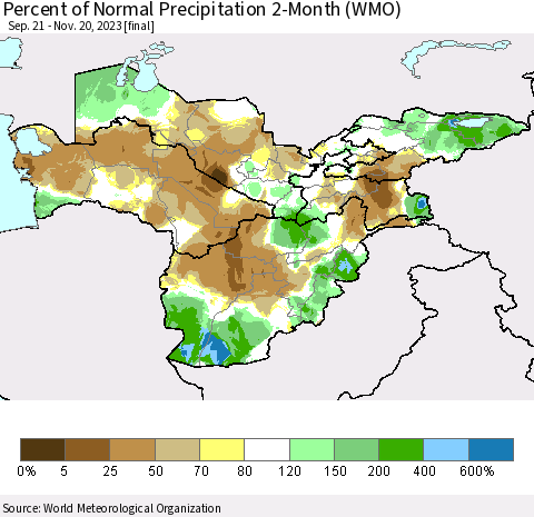 Central Asia Percent of Normal Precipitation 2-Month (WMO) Thematic Map For 9/21/2023 - 11/20/2023
