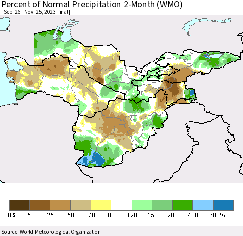 Central Asia Percent of Normal Precipitation 2-Month (WMO) Thematic Map For 9/26/2023 - 11/25/2023
