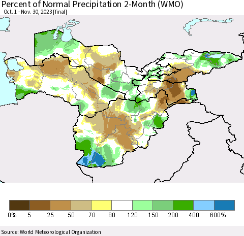 Central Asia Percent of Normal Precipitation 2-Month (WMO) Thematic Map For 10/1/2023 - 11/30/2023