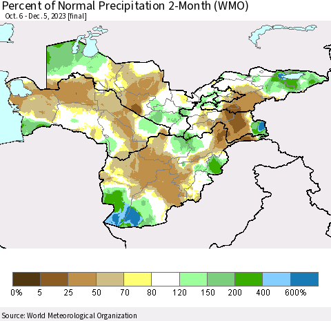 Central Asia Percent of Normal Precipitation 2-Month (WMO) Thematic Map For 10/6/2023 - 12/5/2023