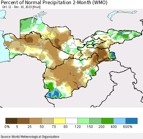 Central Asia Percent of Normal Precipitation 2-Month (WMO) Thematic Map For 10/11/2023 - 12/10/2023