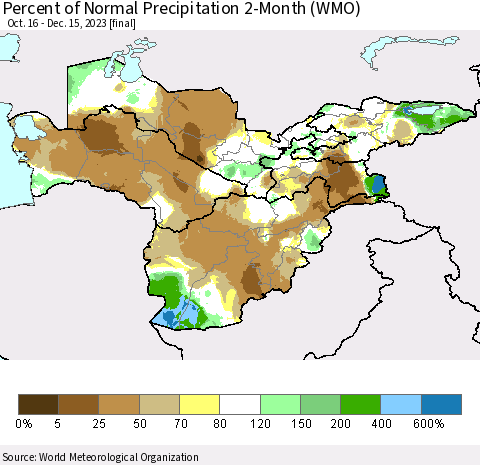 Central Asia Percent of Normal Precipitation 2-Month (WMO) Thematic Map For 10/16/2023 - 12/15/2023