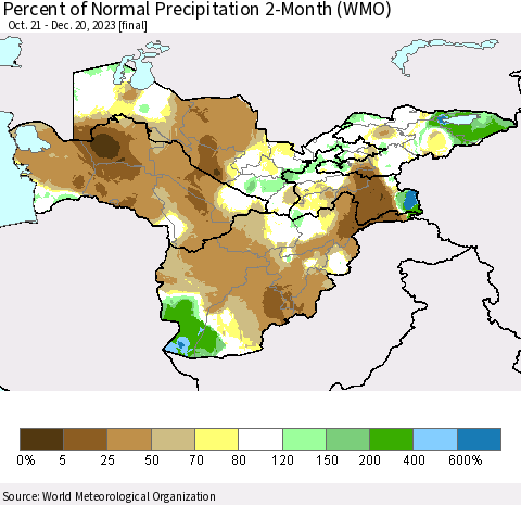 Central Asia Percent of Normal Precipitation 2-Month (WMO) Thematic Map For 10/21/2023 - 12/20/2023