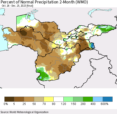 Central Asia Percent of Normal Precipitation 2-Month (WMO) Thematic Map For 10/26/2023 - 12/25/2023