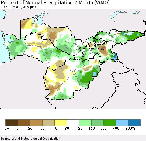 Central Asia Percent of Normal Precipitation 2-Month (WMO) Thematic Map For 1/6/2024 - 3/5/2024