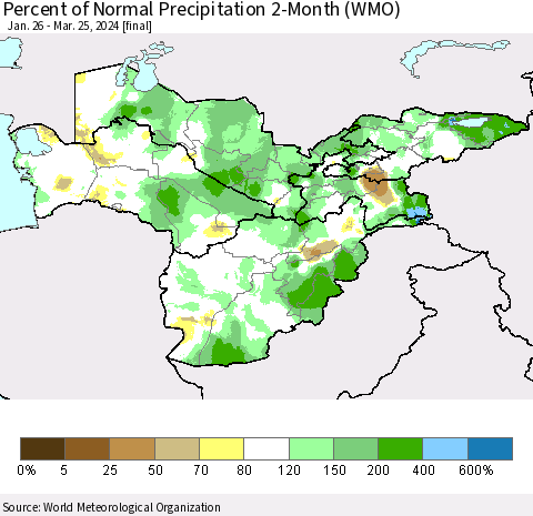 Central Asia Percent of Normal Precipitation 2-Month (WMO) Thematic Map For 1/26/2024 - 3/25/2024