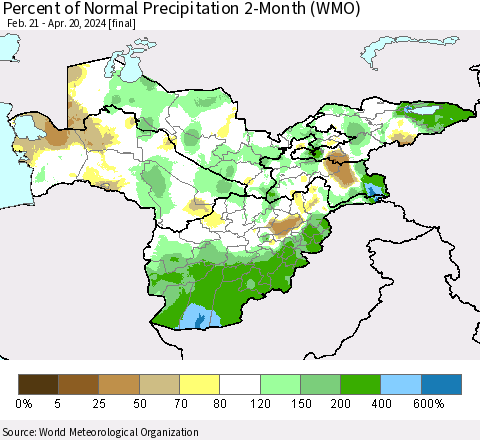 Central Asia Percent of Normal Precipitation 2-Month (WMO) Thematic Map For 2/21/2024 - 4/20/2024