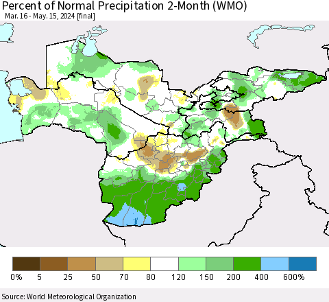 Central Asia Percent of Normal Precipitation 2-Month (WMO) Thematic Map For 3/16/2024 - 5/15/2024