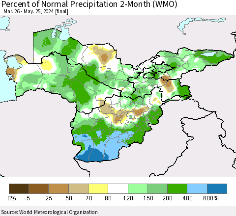 Central Asia Percent of Normal Precipitation 2-Month (WMO) Thematic Map For 3/26/2024 - 5/25/2024