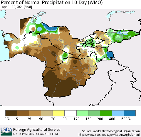 Central Asia Percent of Normal Precipitation 10-Day (WMO) Thematic Map For 4/1/2021 - 4/10/2021