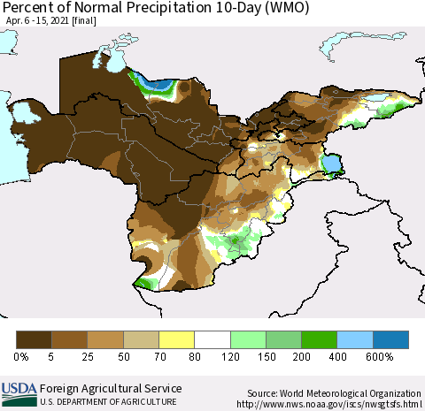 Central Asia Percent of Normal Precipitation 10-Day (WMO) Thematic Map For 4/6/2021 - 4/15/2021