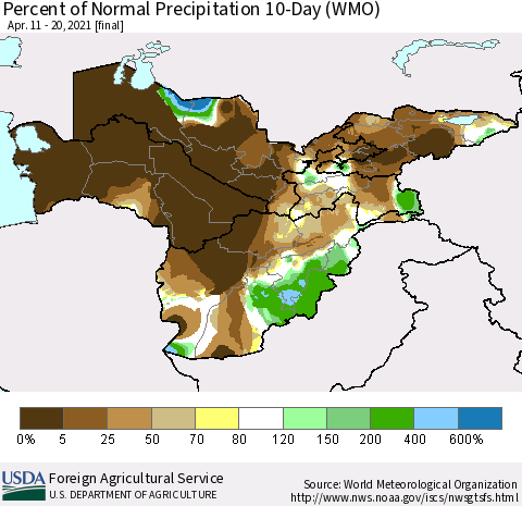 Central Asia Percent of Normal Precipitation 10-Day (WMO) Thematic Map For 4/11/2021 - 4/20/2021
