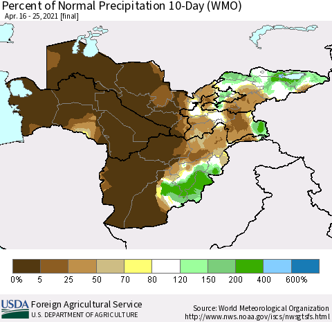 Central Asia Percent of Normal Precipitation 10-Day (WMO) Thematic Map For 4/16/2021 - 4/25/2021