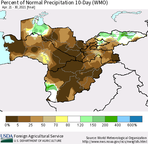 Central Asia Percent of Normal Precipitation 10-Day (WMO) Thematic Map For 4/21/2021 - 4/30/2021