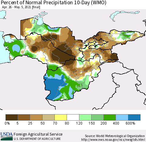 Central Asia Percent of Normal Precipitation 10-Day (WMO) Thematic Map For 4/26/2021 - 5/5/2021