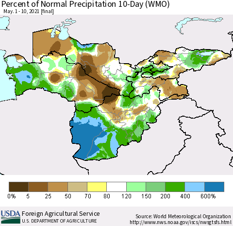Central Asia Percent of Normal Precipitation 10-Day (WMO) Thematic Map For 5/1/2021 - 5/10/2021