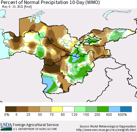 Central Asia Percent of Normal Precipitation 10-Day (WMO) Thematic Map For 5/6/2021 - 5/15/2021