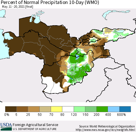 Central Asia Percent of Normal Precipitation 10-Day (WMO) Thematic Map For 5/11/2021 - 5/20/2021