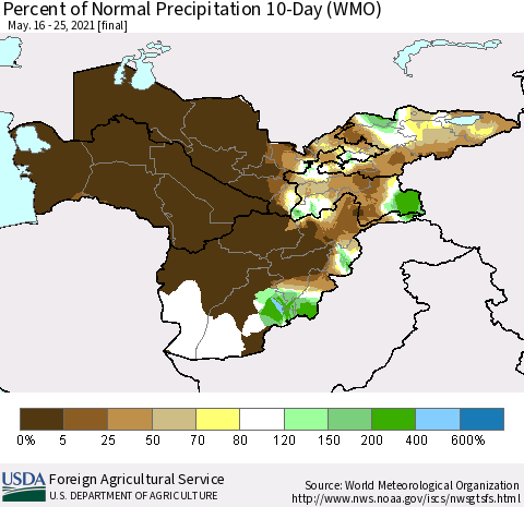 Central Asia Percent of Normal Precipitation 10-Day (WMO) Thematic Map For 5/16/2021 - 5/25/2021