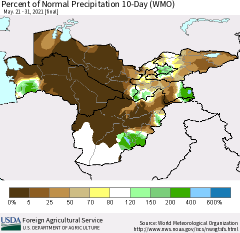 Central Asia Percent of Normal Precipitation 10-Day (WMO) Thematic Map For 5/21/2021 - 5/31/2021