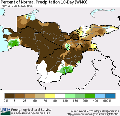 Central Asia Percent of Normal Precipitation 10-Day (WMO) Thematic Map For 5/26/2021 - 6/5/2021