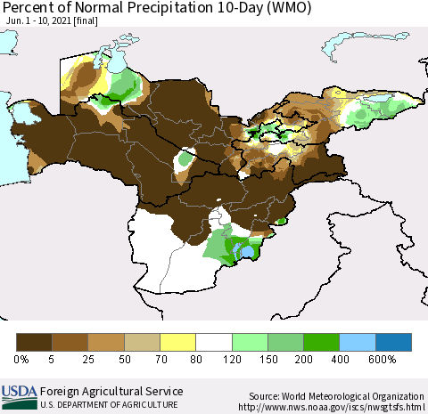 Central Asia Percent of Normal Precipitation 10-Day (WMO) Thematic Map For 6/1/2021 - 6/10/2021