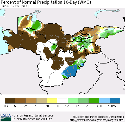 Central Asia Percent of Normal Precipitation 10-Day (WMO) Thematic Map For 6/6/2021 - 6/15/2021