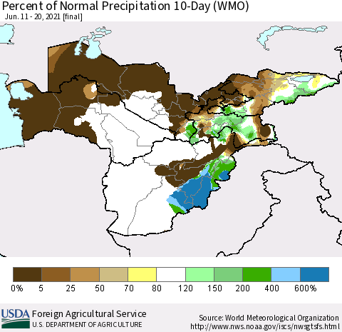 Central Asia Percent of Normal Precipitation 10-Day (WMO) Thematic Map For 6/11/2021 - 6/20/2021
